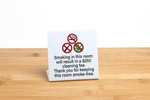 Plastic L style no smoking signs for hotel rooms. Signs state a $250 cleaning fee if smoking occurs. Sign features no smoking symbols for cigarettes, e-cigarettes and marijuana use.