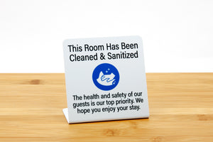Room has been cleaned and sanitized reassures your guets that their room has been throughly cleaned. Signs are ideal for use in hotel guest rooms, vacation rentals and event venues. www.citygrafx.com