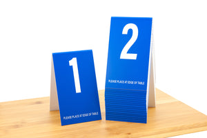 Tall blue table numbers in number sequence 1-20. These top selling table numbers are perfect for any food service environment. www.citygrafx.com.