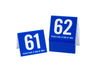 Standard tent style restaurant table numbers in blue feature a bold white number. Please place at edge of table is printed on the bottom of each number.. www.citygrafx.com