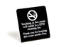 Engraved No Smoking Room Signs. Black face with white text. www.citygrafx.com.