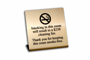 Engraved No Smoking Room Signs. Gold face with black text. www.citygrafx.com.