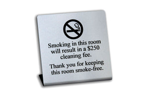 Engraved No Smoking Room Signs. Silver face with black text. www.citygrafx.com.