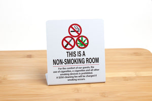 No Smoking Room Sign with cleaning fee. These plastic L style signs are great for use in hotels and vacation rentals to remind guests of your no smoking policy. 