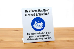 Room has been cleaned and sanitized reassures your guets that their room has been throughly cleaned. Signs are ideal for use in hotel guest rooms, vacation rentals and event venues. www.citygrafx.com