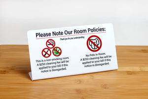 No smoking and no pets sign for hotel guest rooms. Ideal for use in hotel rooms and event venues. www.citygrafx.com.