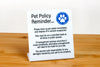 Pet policy sign for hotel guest rooms, vacation rentals and event venues. Signs reminds guests of your pet policy when staying at your property. Visit us at citygrafx.com.