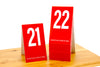 Tent style tall red table numbers in number sequence 21-40. Tent style table numbers are perfect for any food service or restaurant environment. www.citygrafx.com.